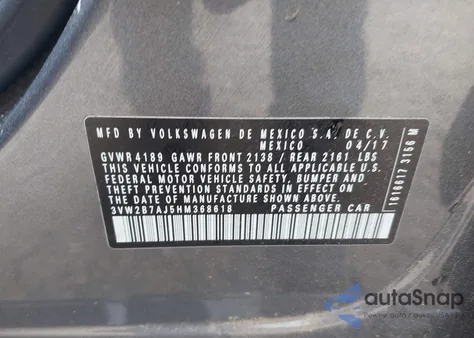 2017 Volkswagen Jetta 1.4T S z USA, uszkodzony, nr VIN 3VW2B7AJ5HM368618